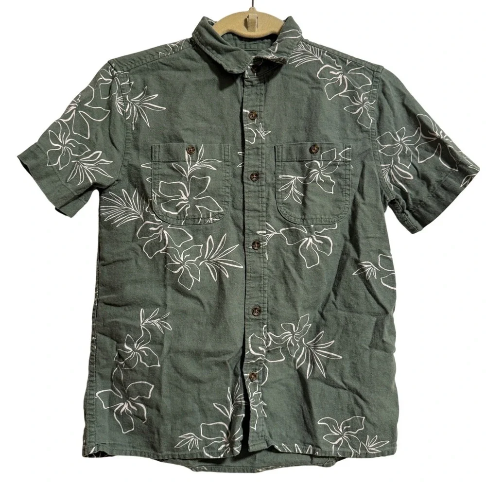 Old Navy Boys Large 10-12 Olive Green Floral Linen Blend Button Down Shirt